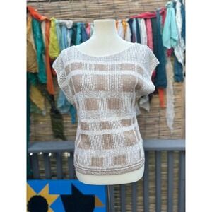 Vintage 80s Beldoch Popper Italy Knit Top Tan‎ White Check Sleeveless